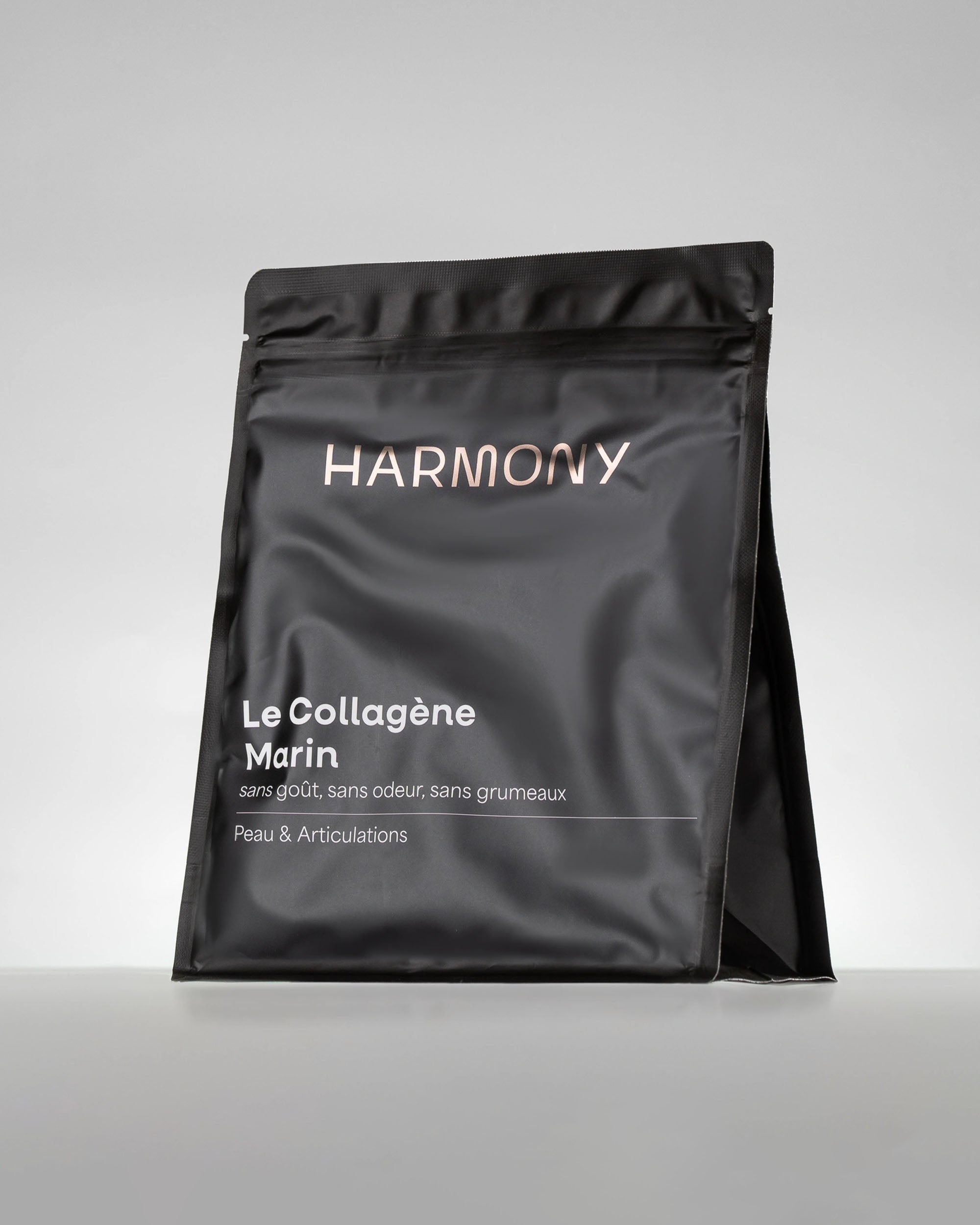 Sachet de collagène marin hydrolysé en poudre de la marque Harmony, pureté 2 000 Daltons pour une absorption maximale.