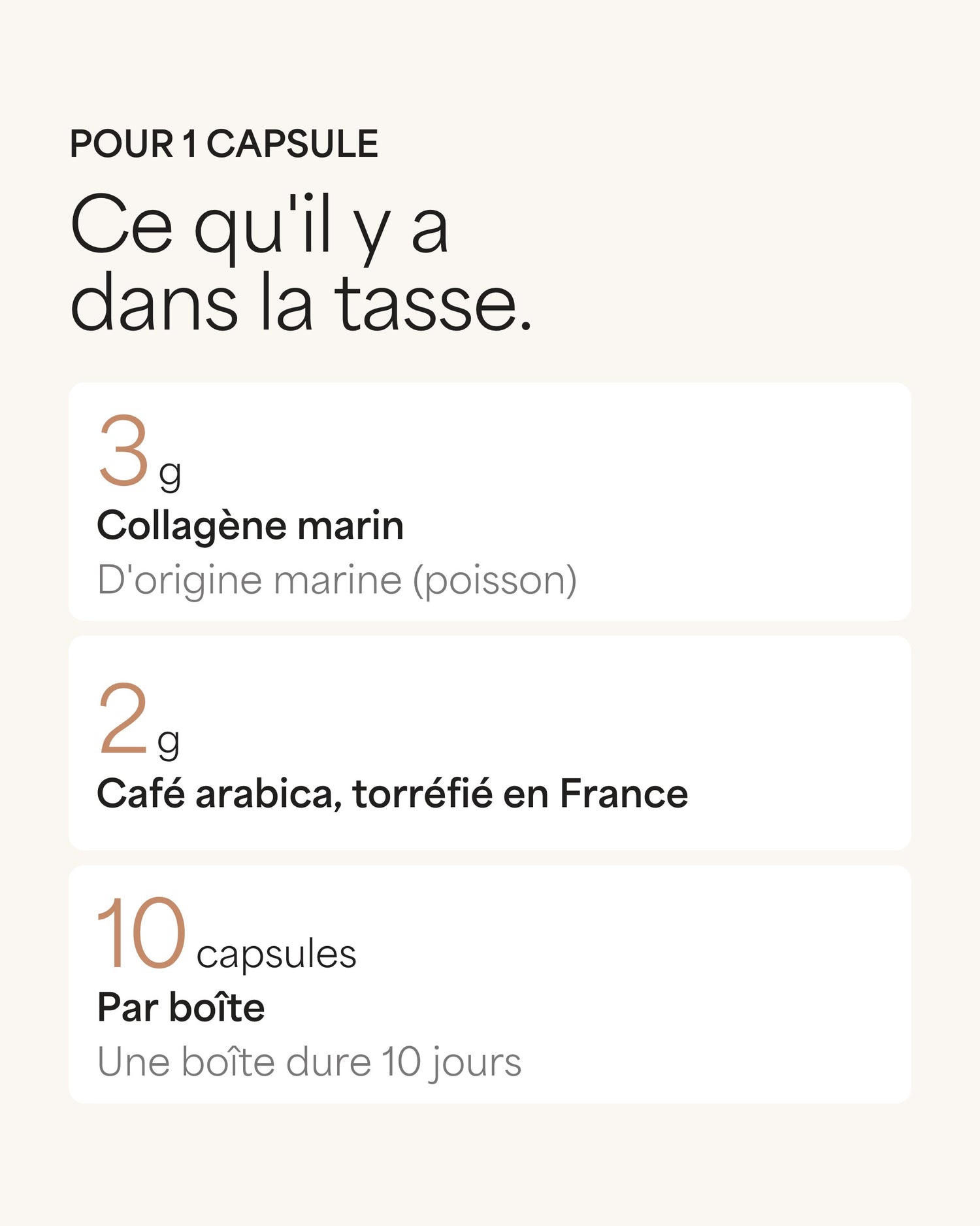 Pour 1 capsule Ce qu'il y a dans la tasse. 3 g Collagène marin D'origine marine (poisson) 2 g Café arabica, torréfié en France 10 capsules Par boîte Une boîte dure 10